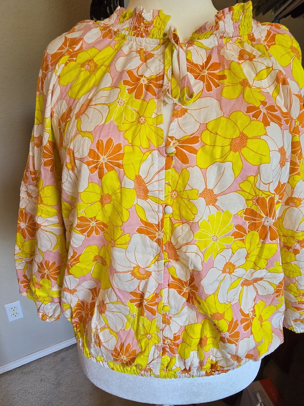 Sanctuary Yellow Pink Orange Floral Puff-Sleeve Blouse XXL NWT